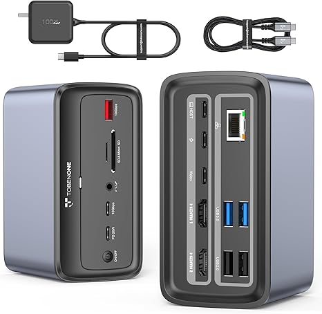 TobenONE USB C Docking Station Dual Monitor 4K/Triple Display, 100W GaN III Charger, 16-in-1 USB C Laptop Dock with USB C Video Port, Dual HDMI, 7 USB, SD/TF, RJ45 for Thunderbolt 4/3, USB-C Windows