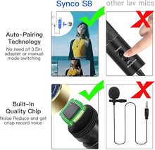 Load image into Gallery viewer, SYNCO-Lav S8-Professional-Lavalier-Microphone for DSLR,iPhone, Camera, PC, Android, Lapel Mic with Noise Reduction, Auto-Pairing Clip-on Omnidirectional, for Video, YouTube, Interview, Vlogging
