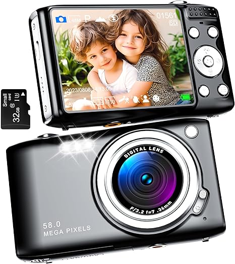 Digital Camera, Autofocus UHD 58MP 4K Vlogging Camera, 16X Zoom Point and Shoot Camera for Photography, Vlogging Compact Camera for Teens Adult Beginner with 32GB SD Card, Flash, Anti-Shake, Black