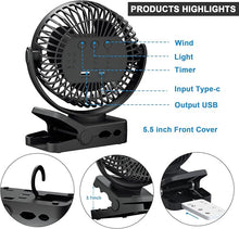 Load image into Gallery viewer, Portable Fan with Remote Control &amp; Timer &amp; LED Lights, 60hrs 12000mAh USB Rechargeable Battery Fan Could Clamp/Hanging/Stand Up, Small Clip on Fan for Baby Stroller, Bed, Desk, Camping Tent, Travel
