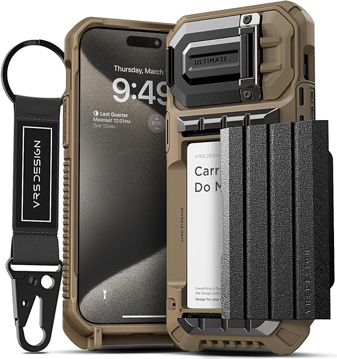 VRS DESIGN Damda Glide Ultimate for iPhone 15 Pro Max(2023), Premium Sturdy Fully Covered Camera Lens Protection Wallet Case with Multi-Functional Strap (Khaki)