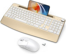 Load image into Gallery viewer, Wireless Keyboard and Mouse - Full-Sized Ergonomic Keyboard with Wrist Rest, Phone Holder, Volume Knob,2.4 Silent Cordless Keyboard Mouse Combo for Computer, Laptop, PC, Mac, Apple-Gold White
