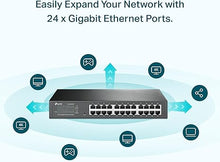 Load image into Gallery viewer, TP-Link 24 Port Gigabit Switch Easy Smart Managed Plug &amp; Play Desktop/Rackmount Sturdy Metal w/ Shielded Ports Support QoS, Vlan, IGMP &amp; LAG (TL-SG1024DE),Black
