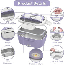 Load image into Gallery viewer, Vabaso Electric Lunch Box Food Heater, Electric Heating Lunch Boxes Lunch for Adults/Men/Car/Truck/Work, 80W 1.5L Removable 304 Stainless Steel Container, 110V/12V/24V, with Fork &amp; Spoon
