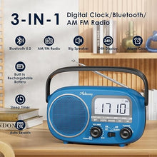 Load image into Gallery viewer, Portable AM FM Rechargeable Radio with Best Reception, Digital Time/Station Display,AC Power or Battery Power Radio with Bluetooth Speaker for Home/Kitchen/Office/Outdoor Blue
