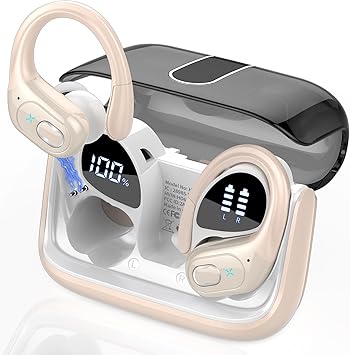 Wireless Earbuds 75hrs Bluetooth 5.3 Headphone Sport, 2024 Bluetooth Earbuds Stereo Deep Bass Over Ear Bud with Earhooks, ENC Noise Cancelling Mic, IPX7 Waterproof Earphone, Camel