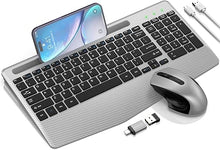 Load image into Gallery viewer, Wireless Keyboard and Mouse Combo, Ergonomic Keyboard with Wrist Rest, Phone Holder, Sleep Mode, 2.4G Lag-Free Rechargeable Compact Silent Cordless Keyboard Mouse for Windows, Mac, Laptop, PC (Silver)
