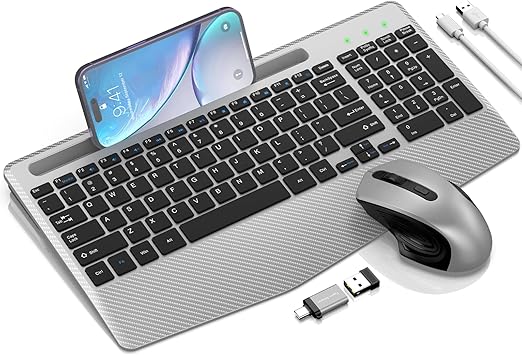 Wireless Keyboard and Mouse Combo, Ergonomic Keyboard with Wrist Rest, Phone Holder, Sleep Mode, 2.4G Lag-Free Rechargeable Compact Silent Cordless Keyboard Mouse for Windows, Mac, Laptop, PC (Silver)