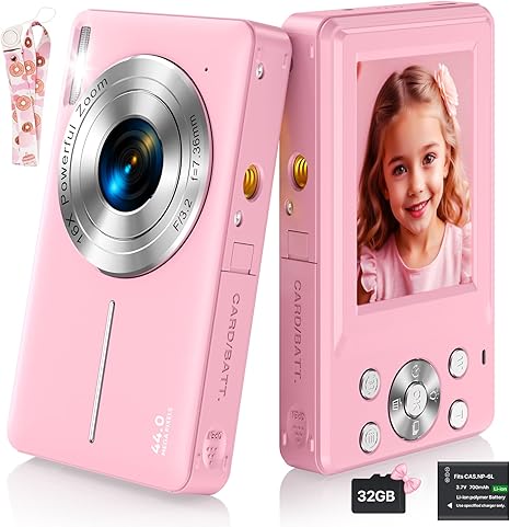 Digital Camera, FHD 1080P Kids Camera with 32GB SD Card 16X Digital Zoom Portable Small Camera, Compact Point and Shoot Camera Mini Digital Camera for Kids Teens Boys Girls Students Seniors - Pink