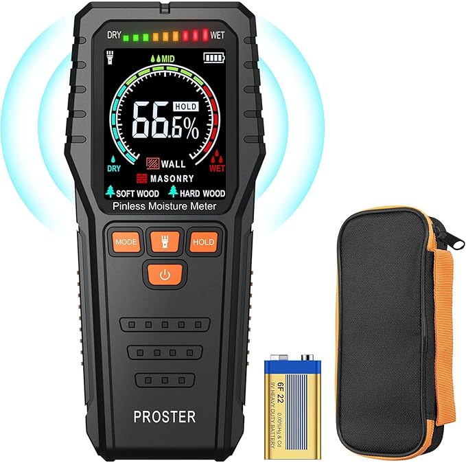 Proster Pinless Wood Moisture Meter - Non Destructive Moisture Tester for Wood Wallboard Masonry, Detect up to 3/4 Inch Below Surface, Backlit Color LCD, Visual Audible Alarm