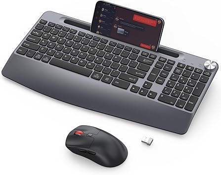 Wireless Keyboard and Mouse - Full-Sized Ergonomic Keyboard with Wrist Rest, Phone Holder, Volume Knob,2.4GHz Silent Cordless Keyboard Mouse Combo for Computer, Laptop, PC, Mac, Windows -Grey