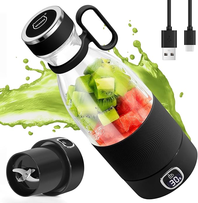 Portable Blender, MIAOKE 6 Blades Juicer Cup for Juice Shakes and Smoothies 350ml Mini Blender with Led Display Usb Rechargeable,3000Mah Rechargeable Battery, for Home Sports Outdoors Travel-Black