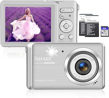 Digital Camera, Rechargeable 30MP 1080P Point and Shoot Digital Camera with 32GB Card and 2 Batteries 18X Digital Zoom Compact Small Camerafor Kids/Teens/Seniors/Beginners(Silver)