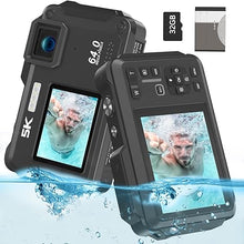 Load image into Gallery viewer, Underwater Camera, UHD 5K 64MP 16FT Waterproof Digital Camera with WiFi Connection 16X Zoom Selfie Dual Screens Waterproof Camera for Snorkeling with 32GB Card and 1200mAh Battery(Black)
