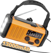 Load image into Gallery viewer, 13000mAh/48100mWh Emergency Weather Radio, 4 Way Powered AM/FM/NOAA Portable Solar Crank Radio, Dynamo Phone Charger,700LM LED Flashlight/Reading Lamp,SOS,Compass for Hurricane Storm Camping Survival
