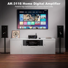 Load image into Gallery viewer, Facmogu AK-3116 HiFi Digital Amplifier, Bluetooth 5.3 200W Dual TPA3116 2 Channel 2x100W Class D Stereo Receiver w/RCA, USB, Optical, FM, Mini Amp Audio System for Home, Outdoor, w/ 24V Power Supply
