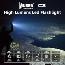 Load image into Gallery viewer, WUBEN C3 Rechargeable Flashlight 1200 High Lumens Super Bright, LED Tactical Flashlights, Powered EDC Flash Light IP68 Waterproof, 6 Light Modes for Camping, Emergency, Outdoor, Rescue, Inspection
