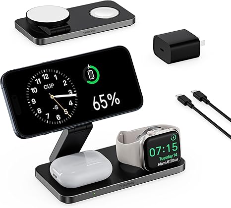 3 in 1 Wireless Charging Station for Apple Devices, Foldable Magnetic MagSafe Charger Stand for iPhone 16/15/14/13/12 Series, Apple Watch, and AirPods (Black)
