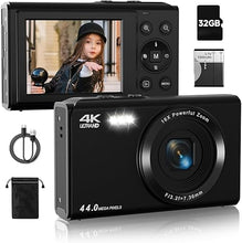 Load image into Gallery viewer, Upgrade Digital Camera, FHD 4K 44MP Autofocus Digital Point and Shoot Video Camera with 16X Zoom, 32GB SD Card, Compact Digital Camera Cheap for Teens Boys Girls Kids Black Camera
