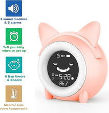 Load image into Gallery viewer, Kids Alarm Clock, Toddler Sleep Training Clock with Night Lights, Sound Machine, NAP Timer, Digital Wake Up Clock for Kids Bedroom, Desk Clock for Girls Boys
