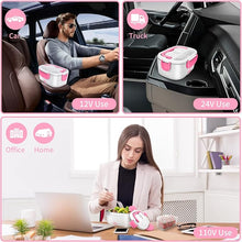 Load image into Gallery viewer, Electric Lunch Box, Food Warmer Heater 12V 24V 110V, 80W Faster Heated Lunch Box for Car/Truck/Home Portable Heating Boxes with 1.5L 304 SS Container Fork &amp; Spoon, White+Pink
