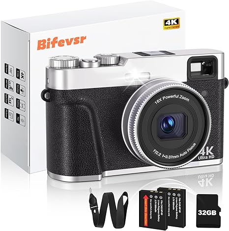 4K Digital Camera with SD Card, 48MP Vlogging Camera with Viewfinder Flash Dial, Camera for Photography and Video Autofocus, Portable Travel Camera, 16X Zoom Anti-Shake Small Digital Camera