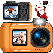 Load image into Gallery viewer, 8K UHD 70MP Digital Camera with 32GB Card Rugged Waterproof Dustproof Shockproof 33FT Underwater Camera Dual-Screen Selfie for Snorkeling Autofocus Point and Shoot Digital Camera (Orange)
