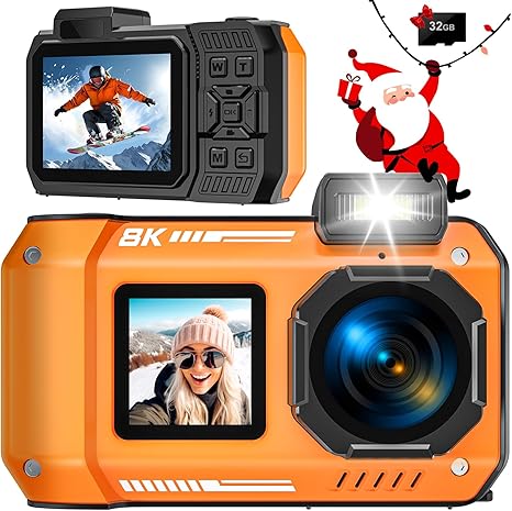 8K UHD 70MP Digital Camera with 32GB Card Rugged Waterproof Dustproof Shockproof 33FT Underwater Camera Dual-Screen Selfie for Snorkeling Autofocus Point and Shoot Digital Camera (Orange)