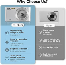 Load image into Gallery viewer, Digital Camera 2024 4K 44MP Digital Cameras for Teens, Silver Digital Point and Shoot Camera for Kids with 16X Zoom, 64GB SD Card, Compact Small Camera for Boys Girls Teens Kids Gift
