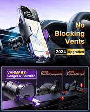 Load image into Gallery viewer, VANMASS [True Military-Grade] Car Phone Holder [2024 Best Suction &amp; Clip] Cell Phone Mount for Dashboard Windshield Vent Truck Cradle Dash Stand for iPhone 15 Pro Max 14 13 12 Android, Purple
