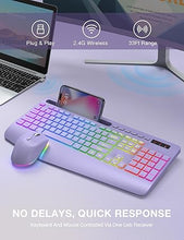 Load image into Gallery viewer, SABLUTE Wireless Keyboard and Mouse Combo, 9 Backlit Effects, Wrist Rest, Phone Holder, 2.4G Lag-Free Ergonomic Keyboards, Rechargeable Silent Cordless Set for Computer, Laptop, Mac, Windows?Purple?
