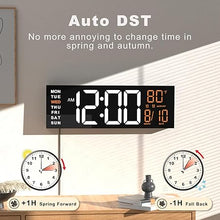 Load image into Gallery viewer, JALL 16&quot; Large Digital Wall Clock Timer, Remote Controll, 2 Alarms, LED Display, 8 RGB Color, Auto DST, Temperature for Living Room, Bedroom, Desk, Mounted, Gift for Elderly (White Orange, 16 inches)
