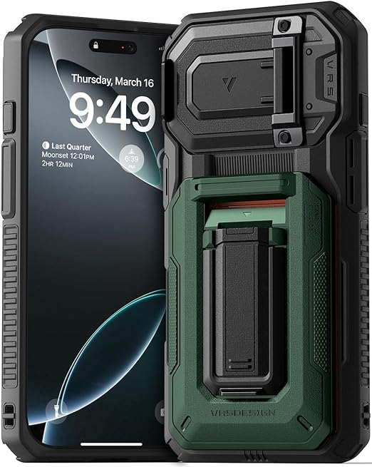 VRS DESIGN Origin Wallet Card Holder Case [3 Cards] for iPhone 16 Pro (2024), Rugged Semi-Automatic 3-Card Slot & Kickstand Case (Metallic Green)