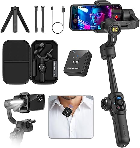 S2 Pro Smartphone Gimbal Stabilizer w/Wireless Lavalier Microphone, Built-in 18cm Extension Rod & Fill Light, Professional 3-Axis Gimbal for iPhone & Android for Video Recording