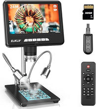 Load image into Gallery viewer, Elikliv 2K Digital Microscope, 7&quot; LCD Digital Microscope 1200x, 24MP Soldering Coin Microscopes, IPS Screen, 10&quot; Stand, 10 LED Lights, Wireless Remote, PC/TV Compatible, 32GB
