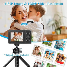 Load image into Gallery viewer, Digital Camera, SOPPY FHD 1080P Compact Camera for Kids, 44MP Digital Camera, with 32GB Card, 2 Batteries, 16X Digital Zoom, Compact Travel Vlogging Video Camera Gift for Kid Teen Beginner (Black)
