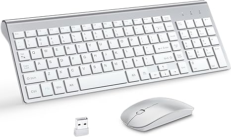 Wireless Keyboard and Mouse with Mouse Pad Ultra Slim Combo, MOOJAY 2.4G USB Quiet Compact Scissor Switch Keyboard Mice Set with Cover, 2 AA and 2 AAA Batteries, for Laptop/PC/Windows - Silver White