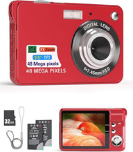 Load image into Gallery viewer, Andoer Digital Camera Compact: 4K 48MP,Auto Focus,16X Zoom,Anti-Shake, Face Detect,Smile Capture,Built-in Flash, with 2 Batteries and 32GB Card for Kids, Beginners- Red
