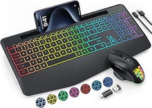 Load image into Gallery viewer, Trueque Wireless Keyboard and Mouse Combo - 9 Backlit Effects, Wrist Rest, Phone Holder, Light Up Jiggler Mouse, Ergonomic, Rechargeable Keyboard Mouse for Mac, Windows, Laptop, PC (Gray Black)
