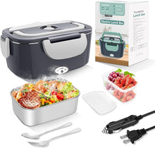 Load image into Gallery viewer, Electric Heated Lunch Boxes Adults: 80W Electric Lunch Box Food Heated 12/24/110V 1.5L Heatable Lunch Box for Car/Truck/Office Leak-Proof Stainless Steel Container, Fork &amp; Spoon, Bag (Dark Grey)
