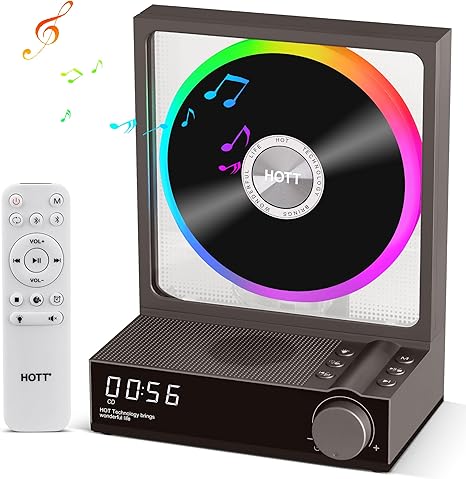 HOTT CD Player Portable with RGB Lights, Bluetooth 5.3 Desktop CD Player with Remote Control, Portable CD Player with HiFi Speakers, Supports TF Card, Transcription, LED Screen, Timer (Gray)