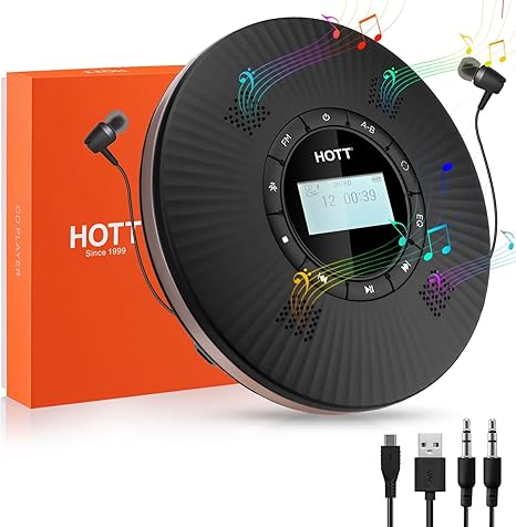 HOTT CD Player Portable with 4 Speakers, Portable CD Player with 5.3 Bluetooth and FM Transmitter with Big LCD Screen Rechargeable 1800mAh Small Walkman CD Players with Headphones for Car Home Travel