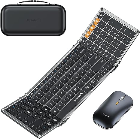 ProtoArc Foldable Keyboard and Mouse, XKM01 Folding Bluetooth Keyboard Mouse Combo for Business and Travel, 2.4G+Dual Bluetooth Full-Size Portable Keyboard for Laptop iPads Tablets - Black Gray