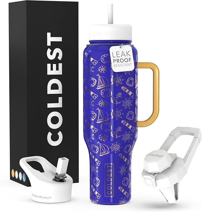 Coldest Tumbler with Handle and Straw Lid 3 Lids Insulated Reusable Stainless Steel Water Bottle Travel Mug | Gifts for Women Him Her | Limitless Collection (Nautical, 46 oz)