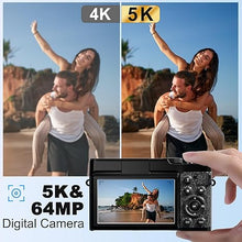 Load image into Gallery viewer, Digital Camera, 64MP Cameras for Photography, 5K Vlogging Camera for YouTube, 180°Flip Screen Digital Point and Shoot Camera with 18X Zoom, Compact Camera for Beginner with 32GB SD Card(2 Batteries)
