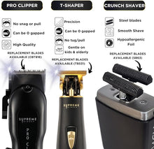 Load image into Gallery viewer, Supreme Trimmer 3-in-1 Barber Bundle | Pro Clipper, T-Shaper Trimmer &amp; Crunch Foil Shaver | Professional Beard Trimmer Men’s Hair Clipper Kit | Black
