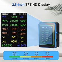 Load image into Gallery viewer, Air Quality Monitor,15-in-1 Smart Air Quality Tester with PM2.5/PM10,CO2,CO,TVOC,HCHO,AQI,Temperature &amp; Humidity, Timer, Real Time Display, Battery Powered, Air Quality Meter for Home&amp;Office
