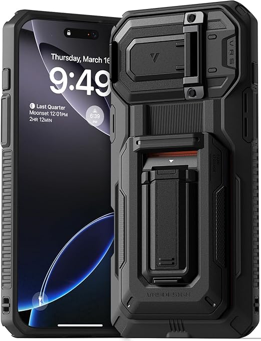 VRS DESIGN Origin Wallet Card Holder Case [3 Cards] for iPhone 16 Pro Max (2024), Rugged Semi-Automatic 3-Card Slot & Kickstand Case (Matte Black)