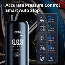 Load image into Gallery viewer, Deli Tire Inflator Air Compressor Portable, 2X Faster Inflation Cordless Bike Pump, 150PSI Tire Pump for Car Tire Motorcycle and Bicycles with LED Dual Screen, Black
