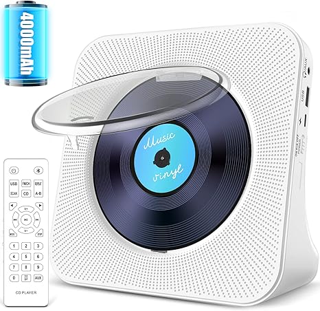 Portable CD Player with Bluetooth: 4000mAh Recheageable Kpop Music Player with HiFi Speaker,Remote Control,LCD Display,Sleep Timer,Headphone Jack, Supports CD/Bluetooth/FM Radio/U-Disk/AUX for Home